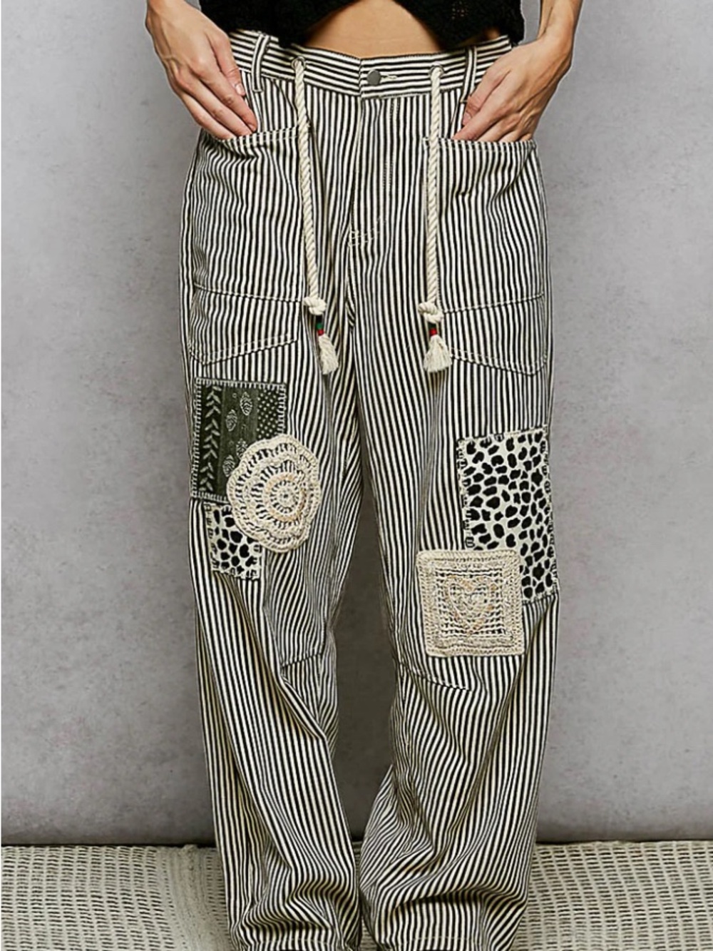 POL Black & White Striped Wide-Leg Pants with Patchwork & Crochet